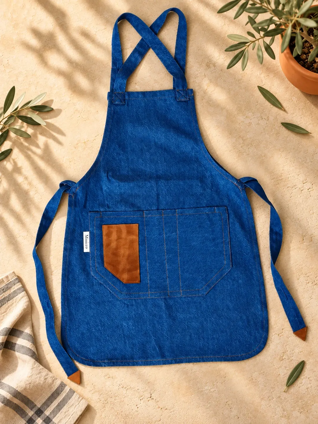 Milano Aktivite Önlüğü Mavi denim – kahverengi cep · İsimli (+200 TL)